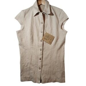 The Earth Collection Womens Cotton Herringbone Sleeveless Button Up Top Beige L